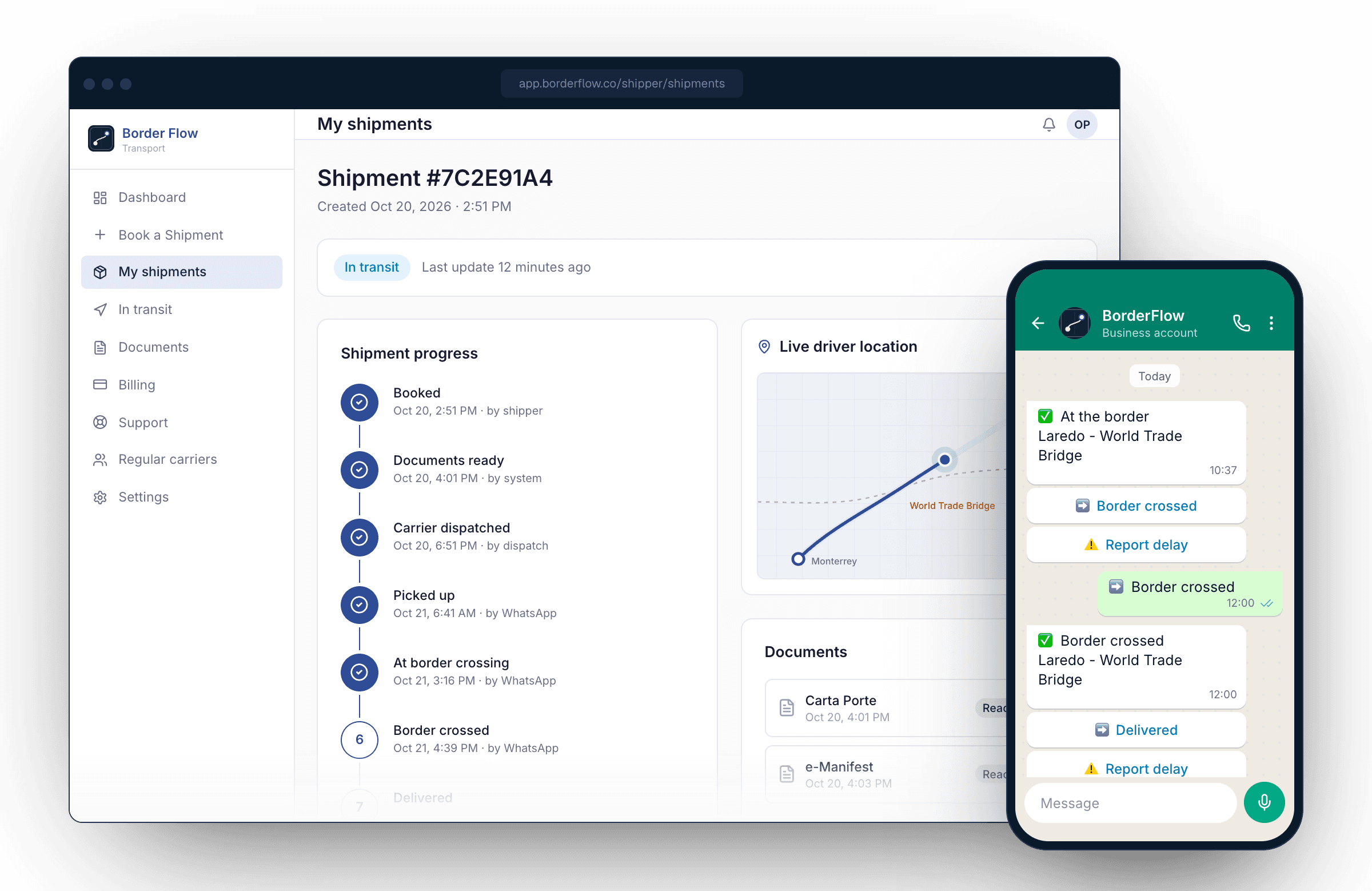 BorderFlow shipment page showing checkpoint progress, live driver location, and Carta Porte and e-Manifest documents, next to the driver's WhatsApp checkpoint chat